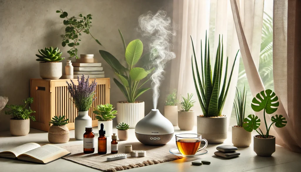 Best Natural Mood Stabilisers for Anxiety: Can Herbal Remedies and Holistic Supplements Help Support Emotional Balance? 2 Minimalist indoor wellness setup featuring a diffuser with lavender mist, herbal supplements, calming tea, and indoor plants, evoking a holistic space for emotional well-being.