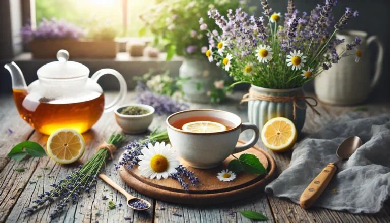 A calming kitchen scene with a cup of chamomile tea, chamomile flowers, lavender sprigs, and lemon slices on a rustic wooden table bathed in natural light.