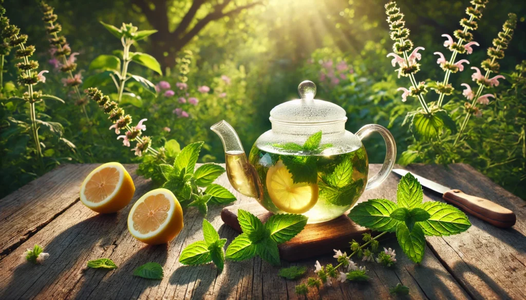 Best Natural Drinks to Help with Anxiety: Can Herbal Beverages Support Calm and Mental Wellness Naturally? 1 A tranquil garden setting with lemon balm tea in a glass teapot, surrounded by mint leaves, lemon slices, and fresh herbs under soft morning sunlight.