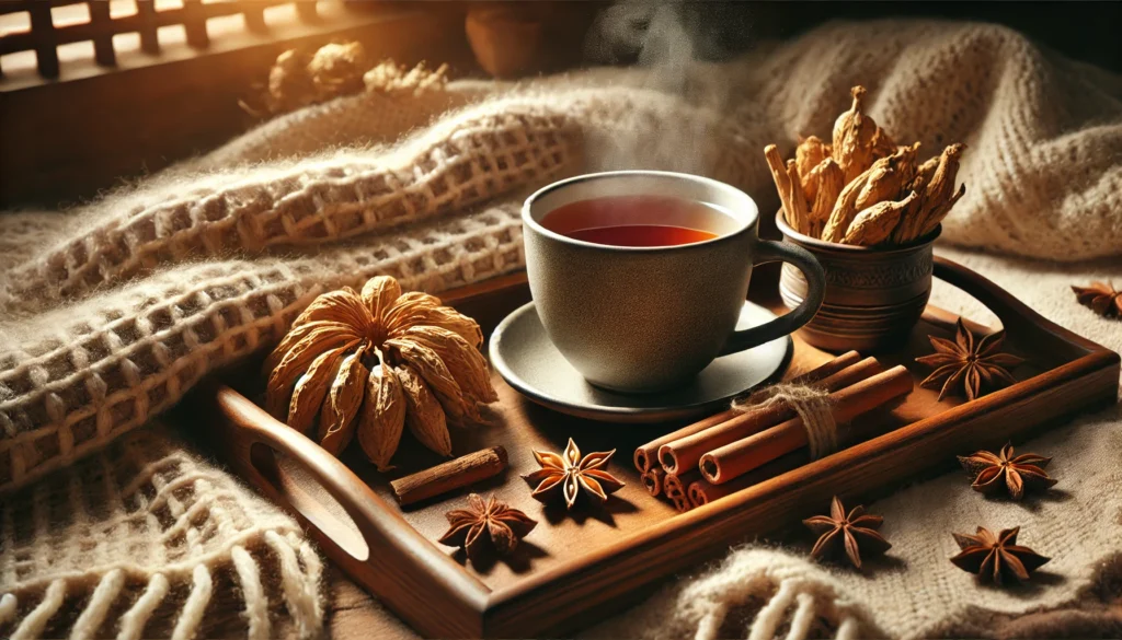 Best Natural Drinks to Help with Anxiety: Can Herbal Beverages Support Calm and Mental Wellness Naturally? 2 A cozy indoor environment featuring ashwagandha root tea with dried roots, cinnamon sticks, and star anise on a tray next to a soft blanket and warm lighting.