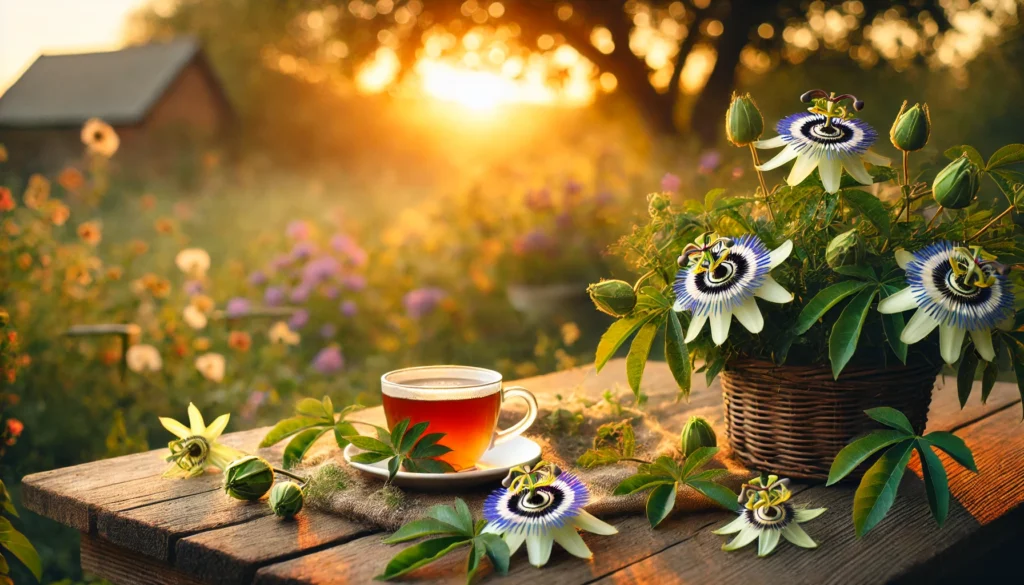 Best Natural Drinks to Help with Anxiety: Can Herbal Beverages Support Calm and Mental Wellness Naturally? 3 A peaceful sunset scene with a cup of passionflower tea on a wooden bench, surrounded by passionflower blossoms and foliage, with golden light and wildflowers in the background.