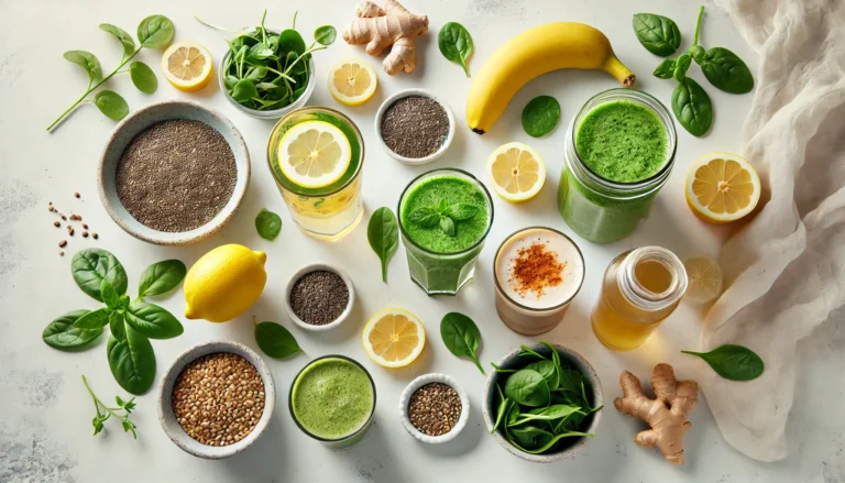 A flat-lay of effective hunger control drinks on a white table, including a green smoothie, chia lemon water, protein shake, and herbal tea, surrounded by natural ingredients like mint, banana, spinach, and ginger.