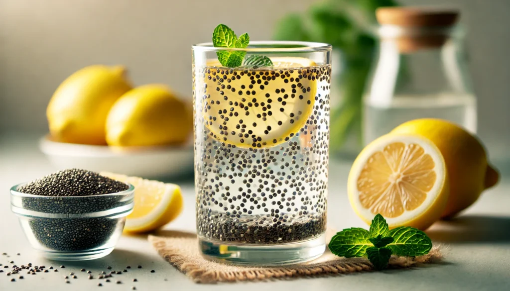 Hunger Control Drinks That Work: Herbal and Homemade Drinks That Curb Hunger and Support Natural Appetite Suppression 1 A close-up of a glass of chia seed lemon water with visible suspended seeds, lemon slices, and mint leaves placed around it on a kitchen counter, under soft natural lighting.
