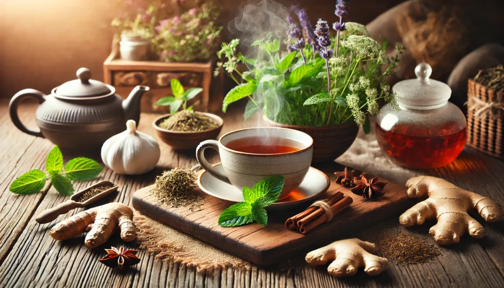 Hunger Control Drinks That Work: Herbal and Homemade Drinks That Curb Hunger and Support Natural Appetite Suppression 2 A cozy kitchen setting featuring a steaming herbal tea surrounded by appetite-reducing herbs like peppermint, fennel, and fresh ginger on a rustic wooden table.