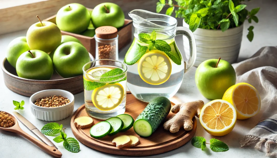 A bright morning kitchen counter with a jug of lemon-cucumber water surrounded by green apples, ginger root, and mint, symbolizing rapid weight loss through natural detox hydration.