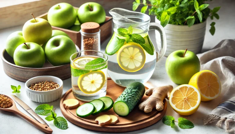 A bright morning kitchen counter with a jug of lemon-cucumber water surrounded by green apples, ginger root, and mint, symbolizing rapid weight loss through natural detox hydration.