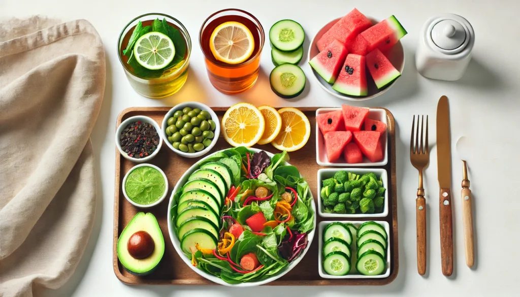 How to Reduce Weight in 1 Day and Beyond: Safe, Natural Approaches to Short-Term Fat Loss and Lasting Results 2 A clean flat-lay of a one-day weight-loss meal plan including a light greens salad with avocado and citrus, detox tea, sliced cucumber, and fresh watermelon, styled on a white table.