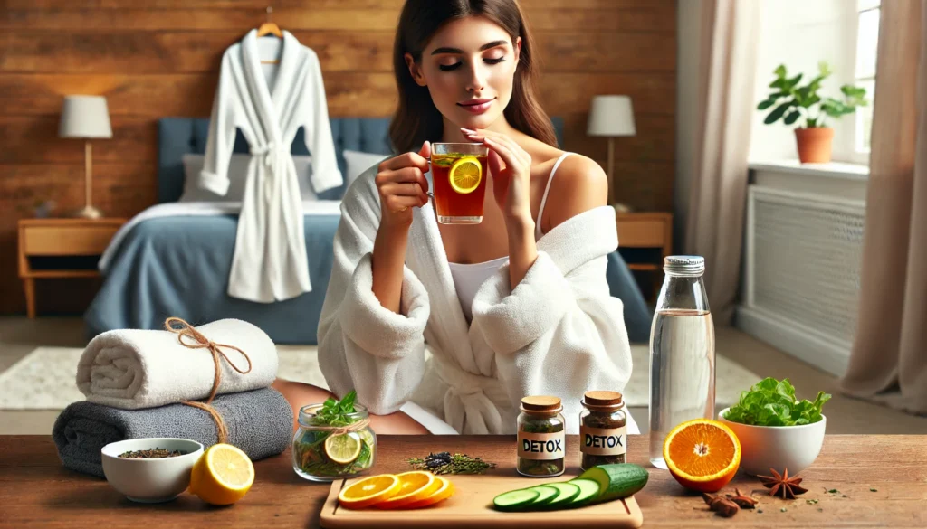 How to Reduce Weight in 1 Day and Beyond: Safe, Natural Approaches to Short-Term Fat Loss and Lasting Results 3 A relaxing home spa environment with a woman sipping herbal detox tea while lounging in a robe, with sliced fruit and water nearby, evoking a calm one-day weight loss approach.