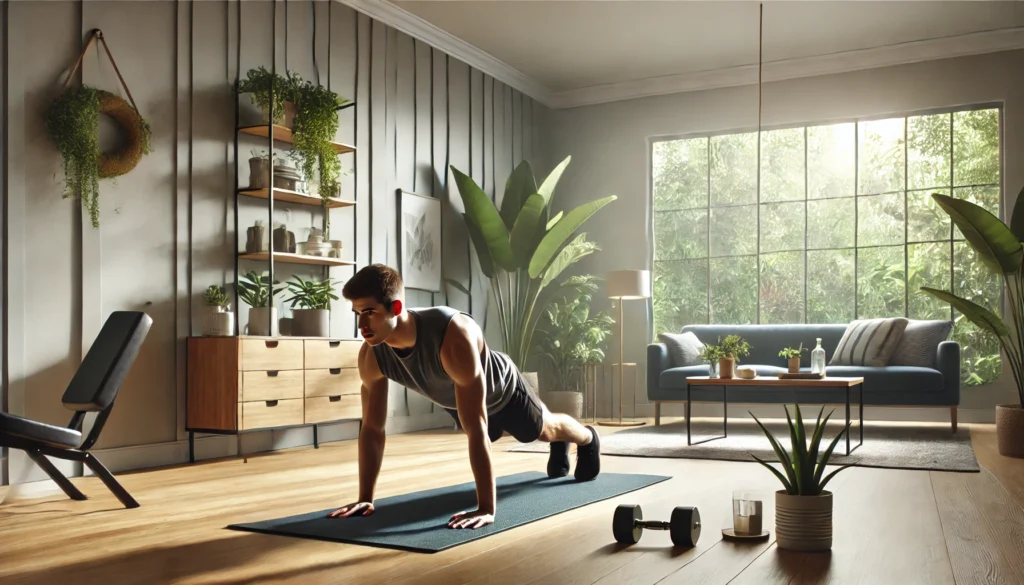How to Reduce Body Fat Percentage Naturally: Effective Herbal Strategies and the Best Ways to Lose Belly Fat Safely 3 A serene home gym with a fit man doing bodyweight exercises like planks on a yoga mat, surrounded by plants and natural light, reflecting fat reduction through consistent natural fitness.