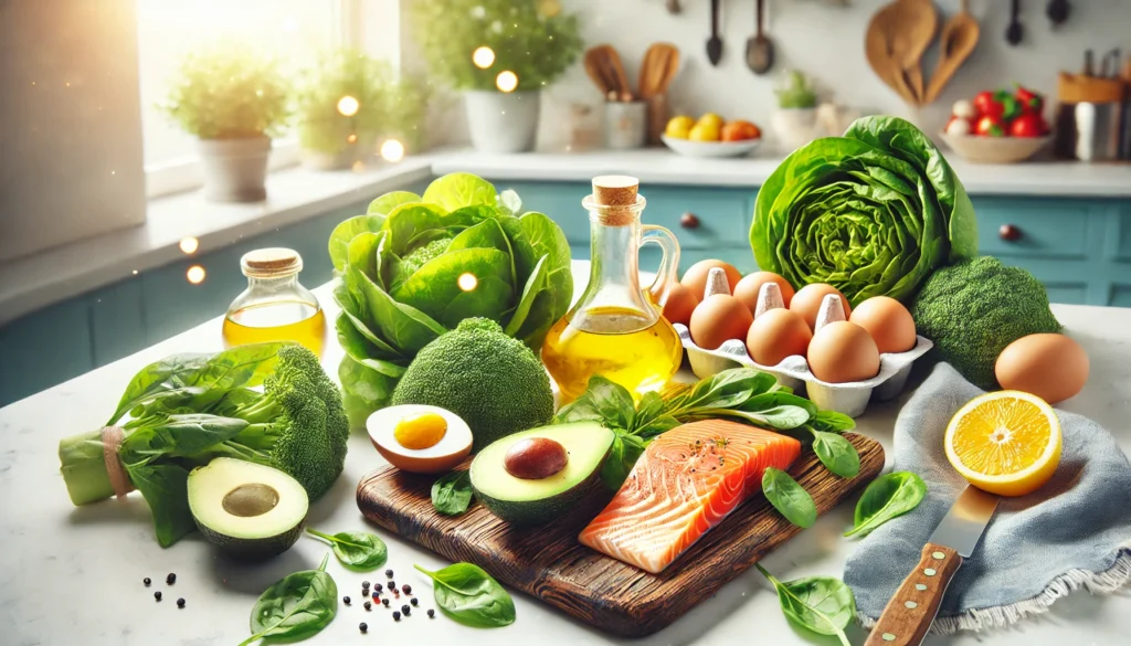 How to Reduce Body Fat Percentage Naturally: Effective Herbal Strategies and the Best Ways to Lose Belly Fat Safely 2 A vibrant kitchen scene with whole foods that support natural fat loss, including avocado, leafy greens, eggs, salmon, and olive oil arranged neatly on a wooden cutting board in bright lighting.