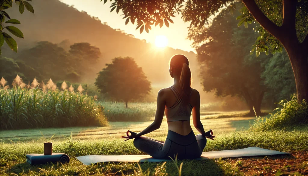 How to Reduce Body Fat Percentage Naturally: Effective Herbal Strategies and the Best Ways to Lose Belly Fat Safely 1 A peaceful outdoor sunrise scene showing a woman meditating on a yoga mat in nature, promoting hormonal balance and stress reduction as part of a natural fat-loss lifestyle.