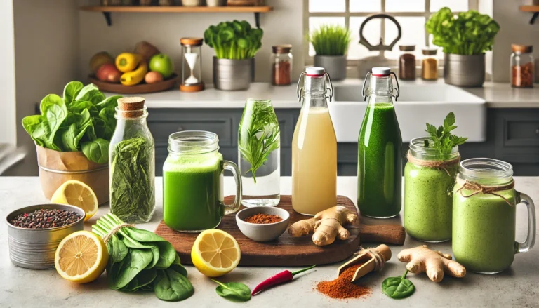 A clean modern kitchen counter with fat-burning drinks like green tea, apple cider vinegar water, and green smoothies, surrounded by lemon, ginger, cayenne, and spinach in a wellness-inspired setup.