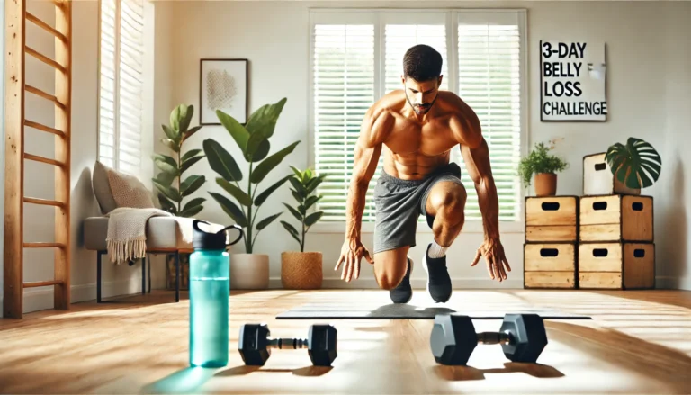 A fit man in a home gym performing high-intensity exercises like mountain climbers, surrounded by dumbbells and a water bottle, illustrating rapid belly fat reduction through interval training.