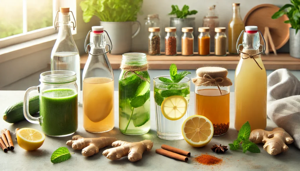 How to Lose Belly Fat in 3 Days and Beyond: Reduce Stomach Fat Naturally with Proven Home Remedies and the Quickest Belly Fat Tips for Men 3 A modern kitchen counter with fat-burning drinks such as green tea, apple cider vinegar water, and lemon-cayenne detox drinks, surrounded by fresh mint, ginger, and lemons in natural light.