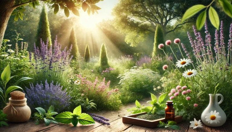 A serene herbal garden at sunrise featuring blooming lavender, chamomile, and lemon balm, symbolizing natural remedies for emotional wellness.