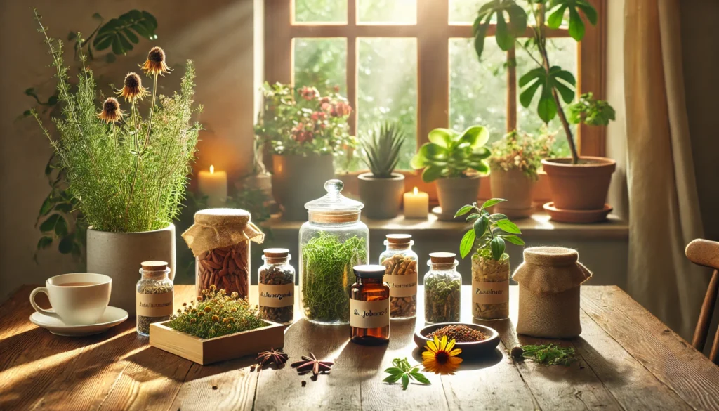Best Natural Medicine for Mental Health: How Holistic Supplements and Herbs May Support Emotional Wellness Safely 1 A cozy indoor scene with herbal supplements and dried plants like ashwagandha and passionflower arranged on a wooden table near a sunlit window.