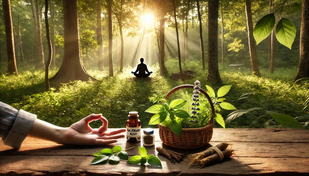 Best Natural Medicine for Mental Health: How Holistic Supplements and Herbs May Support Emotional Wellness Safely 2 A peaceful forest setting where a person meditates beside a basket of natural herbs such as holy basil and ginseng, reflecting holistic mental health practices.