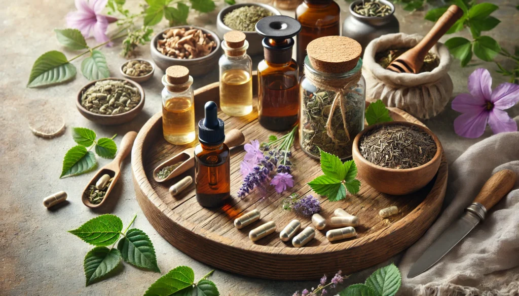 Best Natural Medicine for Mental Health: How Holistic Supplements and Herbs May Support Emotional Wellness Safely 3 A rustic wooden tray with herbal tinctures, capsules, and teas including rhodiola and reishi mushroom, surrounded by calming green foliage and soft lighting.