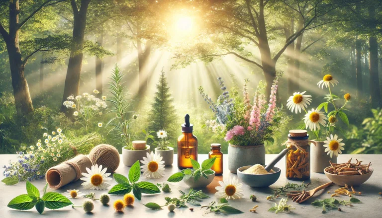 A peaceful natural landscape featuring medicinal herbs like St. John's Wort, ashwagandha, and chamomile growing in a sunlit forest setting, evoking emotional balance and natural wellness.