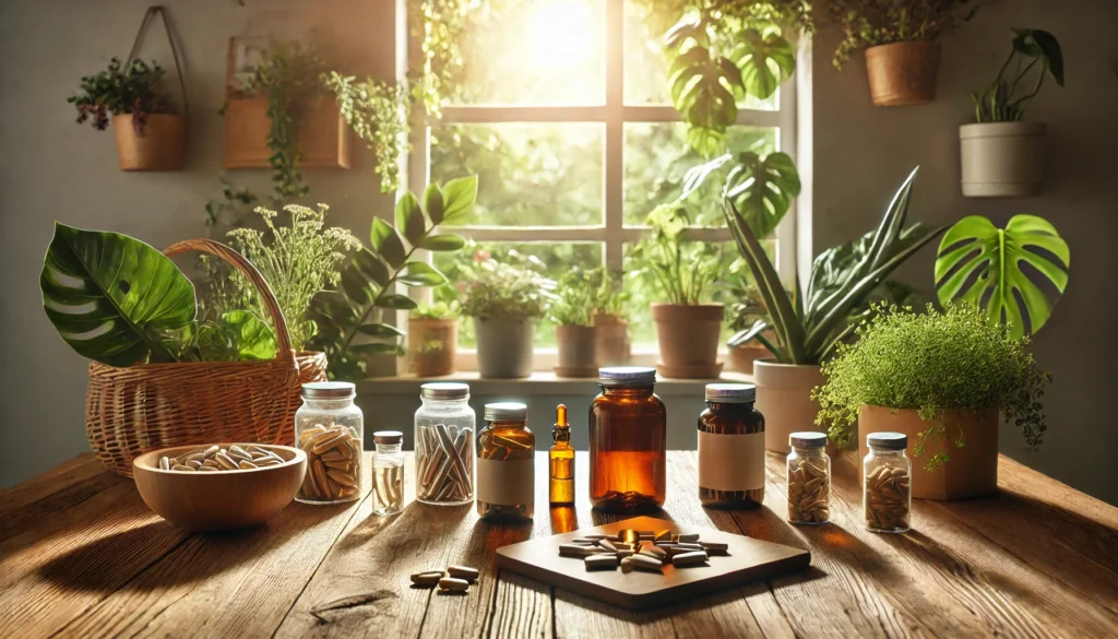 Best Natural Mood Stabilizers for Anger and Irritability: Can OTC Supplements for Mood Swings Help Support Emotional Balance? 1 A cozy indoor wellness space with supplement bottles and natural capsules including magnesium, omega-3, and 5-HTP, surrounded by calming greenery and warm natural light.