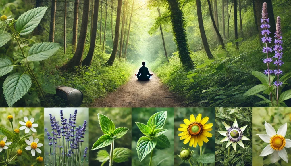 Best Natural Mood Stabilizers for Anger and Irritability: Can OTC Supplements for Mood Swings Help Support Emotional Balance? 2 A tranquil forest path with a person meditating in the distance, surrounded by wild herbs such as lavender and lemon balm, symbolizing mood support through nature and mindfulness.