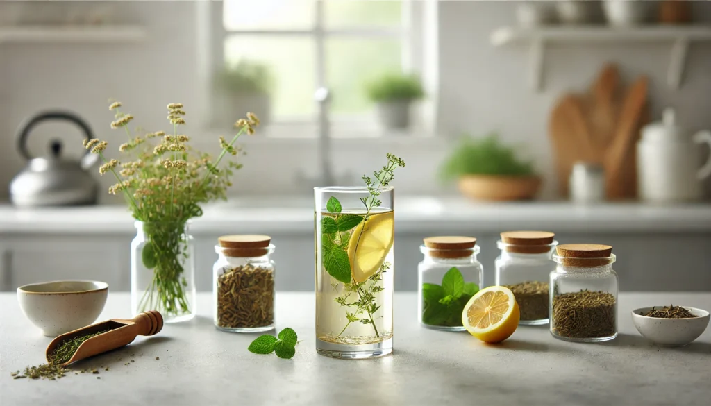 Best Natural Mood Stabilizers for Anger and Irritability: Can OTC Supplements for Mood Swings Help Support Emotional Balance? 3 A clean, minimalist kitchen counter displaying a glass of calming herbal tea made with chamomile, lemon balm, and valerian root, conveying serenity and natural emotional support.