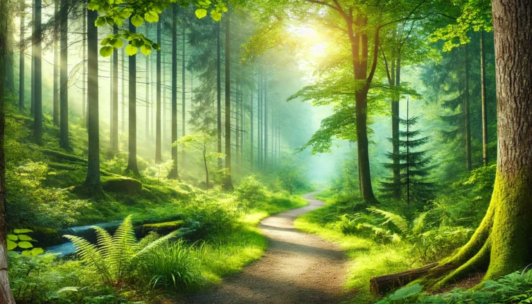 Serene forest with a winding trail, lush green trees, and soft sunlight filtering through mist—evoking calm and natural stress relief.