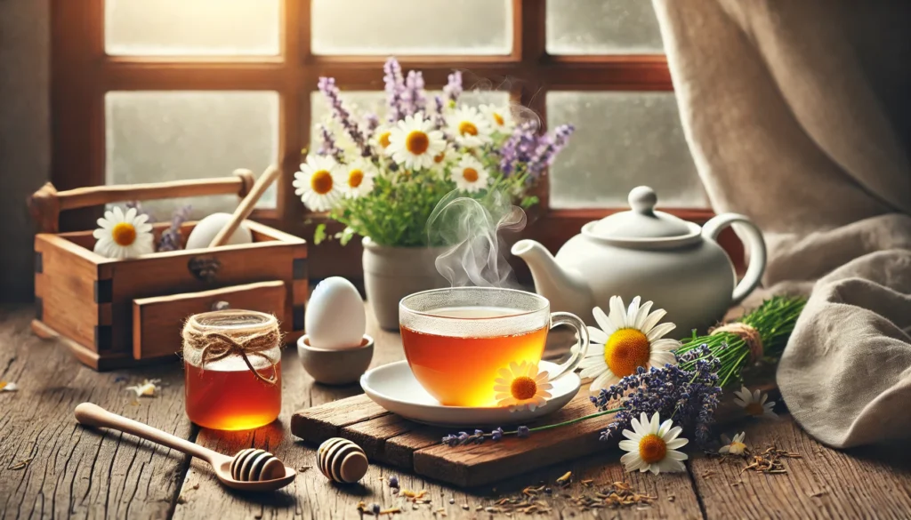 Best Natural Remedies for Anxiety and Stress: How Herbal Supplements and Home Treatments May Help Support Mental Wellness 1 Calming herbal tea setup with chamomile flowers, lavender sprigs, and a steaming cup on a rustic table bathed in natural light.