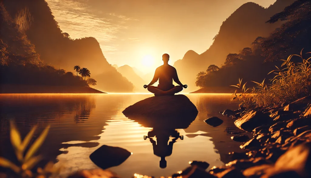 Best Natural Remedies for Anxiety and Stress: How Herbal Supplements and Home Treatments May Help Support Mental Wellness 2 Silhouette of a person meditating at sunrise beside a peaceful lake, surrounded by trees and mountains in a tranquil setting.