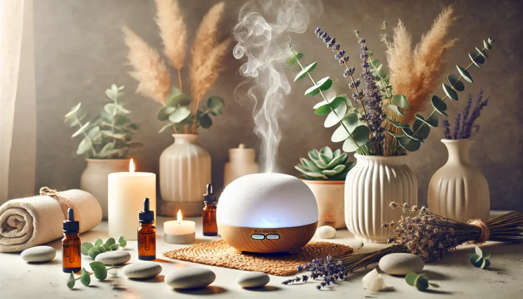 Best Natural Remedies for Anxiety and Stress: How Herbal Supplements and Home Treatments May Help Support Mental Wellness 3 Cozy aromatherapy space with essential oil diffuser mist, candles, eucalyptus leaves, and lavender—ideal for anxiety relief.