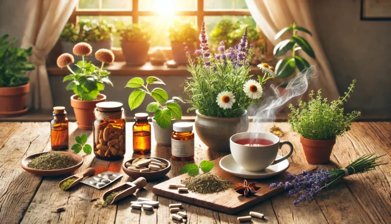 Sunlit wooden table with herbal supplements like St. John's Wort, ashwagandha, and chamomile, surrounded by fresh plants and a steaming cup of herbal tea in a cozy home setting.