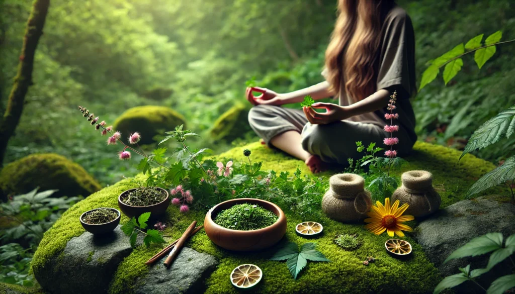 Herbal Supplements for Depression: Can Natural Remedies Help You Overcome Depression Without Medication? 1 Woman meditating on a mossy rock in a tranquil forest, surrounded by natural herbs including valerian root and lemon balm, holding a bowl of dried herbal supplements.