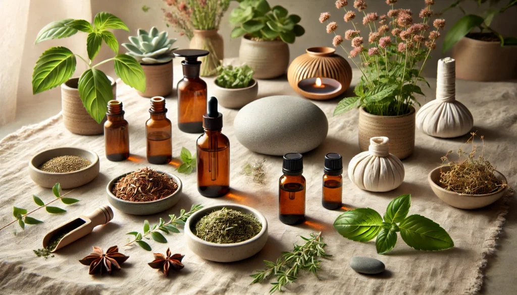 Herbal Supplements for Depression: Can Natural Remedies Help You Overcome Depression Without Medication? 2 Flat lay of herbal wellness items on a light linen cloth, featuring amber bottles, dried herbs, fresh holy basil and rhodiola, and a stone diffuser releasing essential oils.