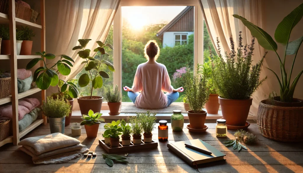 Herbal Supplements for Depression: Can Natural Remedies Help You Overcome Depression Without Medication? 3 Person meditating peacefully indoors near a sunlit window, surrounded by potted herbs like rosemary, sage, and lemon balm, with a journal and tray of herbal supplements beside them.