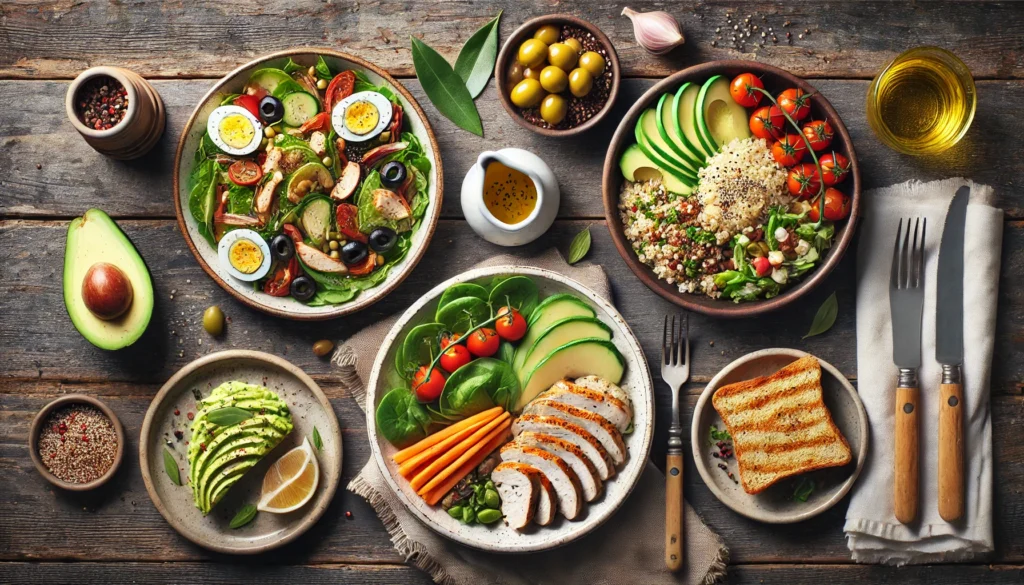 How to Get Skinny Safely and Sustainably: Best Diets, Foods, and Weight Loss Programs That Work for Rapid and Lasting Results 3 A flat-lay of assorted diet meals including Mediterranean salad, quinoa bowls, and avocado toast arranged on a rustic wooden table, each representing different weight loss programs.