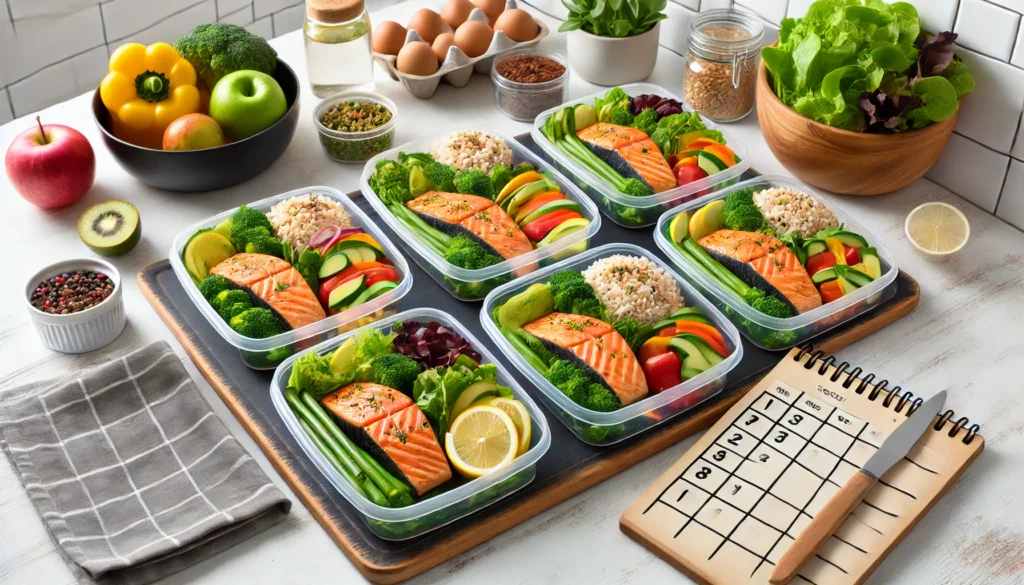 How to Get Skinny Safely and Sustainably: Best Diets, Foods, and Weight Loss Programs That Work for Rapid and Lasting Results 2 A bright kitchen countertop showing weekly meal prep with portioned containers of grilled salmon, greens, brown rice, and vegetables, emphasizing structured dieting for weight loss.