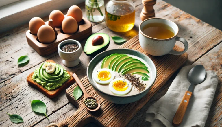A calm morning breakfast layout featuring a smoothie bowl, avocado toast, boiled eggs, and green tea on a wooden table, representing popular choices across balanced weight loss diets.