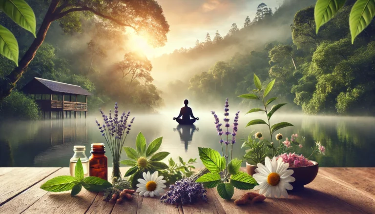 A person meditating beside a forest lake at sunrise, surrounded by natural herbs like chamomile and lavender, representing holistic anxiety relief and mental tranquility.