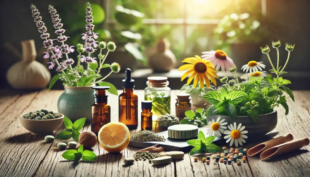 Exploring New Anxiety Medications: Can Herbal Remedies and Holistic Supplements Support Effective Treatment for Anxiety Disorder? 1 Close-up of herbal supplements and essential oils on a wooden table, featuring natural anxiety remedies such as valerian root, passionflower, and lemon balm in a peaceful setting.