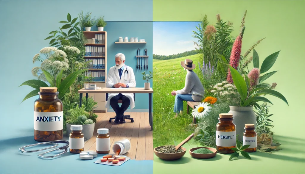 Exploring New Anxiety Medications: Can Herbal Remedies and Holistic Supplements Support Effective Treatment for Anxiety Disorder? 2 Split-screen showing a person consulting a doctor on one side and embracing natural wellness on the other, highlighting the integration of pharmaceutical and herbal anxiety treatments.