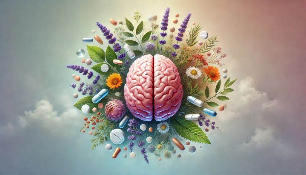 Exploring New Anxiety Medications: Can Herbal Remedies and Holistic Supplements Support Effective Treatment for Anxiety Disorder? 3 Artistic depiction of the human brain encircled by both pharmaceutical pills and herbal plants like St. John’s Wort and lavender, symbolizing a balance between synthetic and natural anxiety therapies.