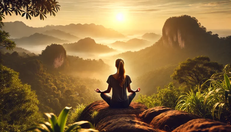 Young woman meditating at sunrise on a mountain cliff surrounded by nature, symbolizing natural stress relief and inner peace.