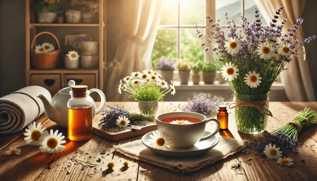 Herbal tea with chamomile and lavender on a wooden table in a sunlit room, representing calming natural remedies for anxiety.