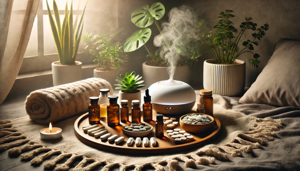 Natural supplements and essential oils arranged in a cozy indoor wellness space, reflecting holistic support for mental wellness.