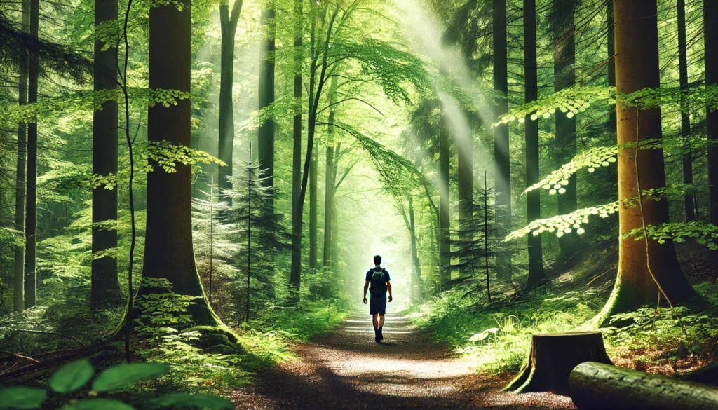 Person walking mindfully along a peaceful forest path with sunlight filtering through trees, evoking mindfulness and nature-based anxiety relief.