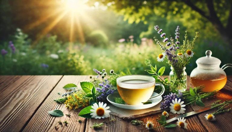 A calming scene of herbal tea with chamomile, lavender, and lemon balm arranged on a rustic wooden table in a sunlit garden, representing natural remedies for anxiety relief.