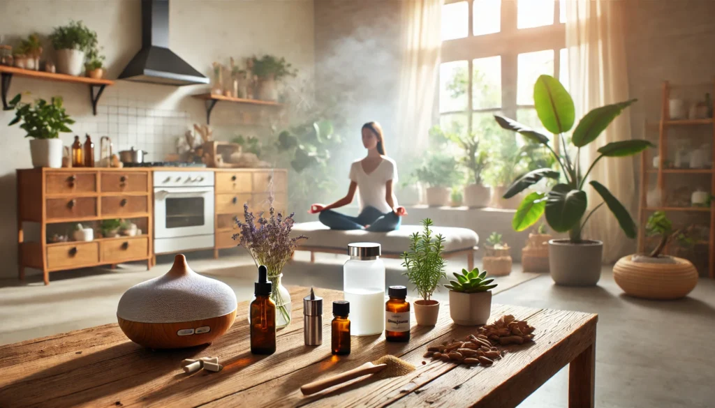 What Is a Good Over the Counter Anxiety Medication? Exploring Natural Alternatives and Holistic Supplements That May Help Support Calm 1 A serene home setting featuring a person meditating near essential oil diffusers and natural supplements like ashwagandha and magnesium, with indoor plants and natural light enhancing the tranquil vibe.
