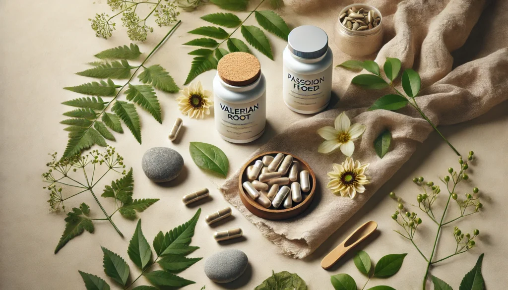 What Is a Good Over the Counter Anxiety Medication? Exploring Natural Alternatives and Holistic Supplements That May Help Support Calm 2 A minimalistic flat lay of holistic supplements for anxiety including valerian root, passionflower, and L-theanine capsules, surrounded by greenery and stones on a neutral-toned fabric surface.