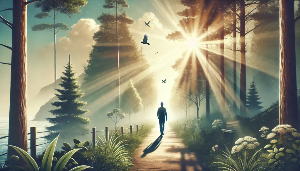 What Is a Good Over the Counter Anxiety Medication? Exploring Natural Alternatives and Holistic Supplements That May Help Support Calm 3 A peaceful forest trail bathed in golden sunlight with a lone person walking calmly, symbolizing clarity, mindfulness, and the natural path to emotional balance.