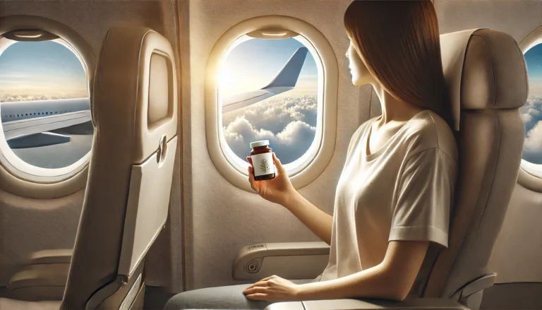 Calm passenger in airplane cabin holding herbal supplement, gazing peacefully out the window during flight.